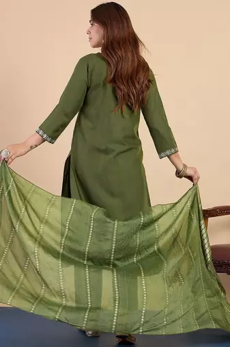 Mahendi color sophisticated cotton blend embroidered fancy kurta set