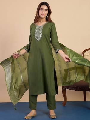 Mahendi color sophisticated cotton blend embroidered fancy kurta set 4