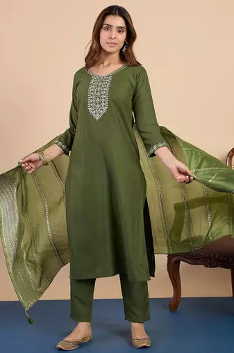 Mahendi color sophisticated cotton blend embroidered fancy kurta set
