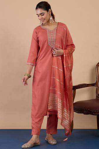Peach color sophisticated cotton blend fabric embroidered fancy kurta set
