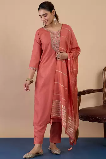 Peach color sophisticated cotton blend fabric embroidered fancy kurta set