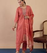 Peach color sophisticated cotton blend fabric embroidered fancy kurta set