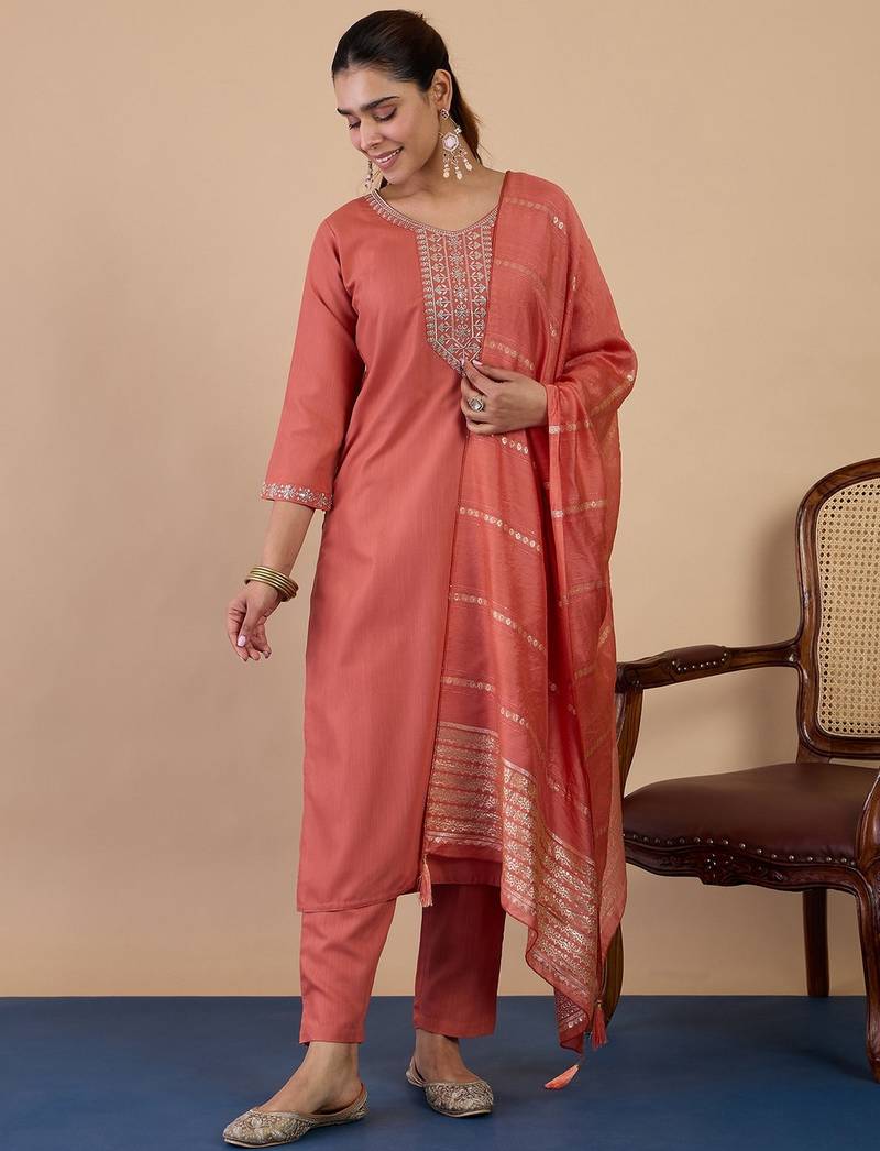 Peach color sophisticated cotton blend fabric embroidered fancy kurta set