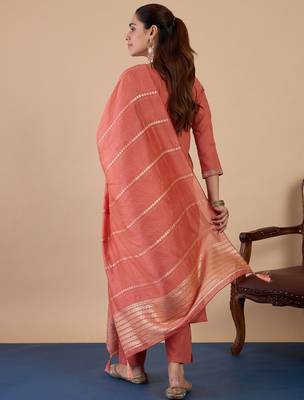 Peach color sophisticated cotton blend embroidered fancy kurta set 2