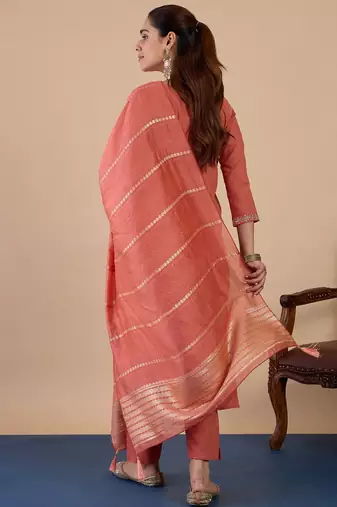 Peach color sophisticated cotton blend embroidered fancy kurta set