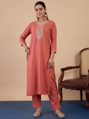 Peach color sophisticated cotton blend embroidered fancy kurta set 3
