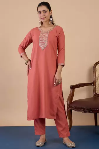 Peach color sophisticated cotton blend embroidered fancy kurta set