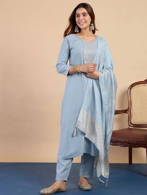 Grey color sophisticated cotton blend embroidered fancy kurta set 1