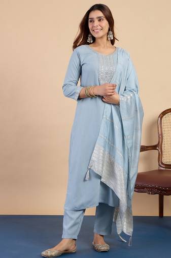 Grey color sophisticated cotton blend fabric embroidered fancy kurta set
