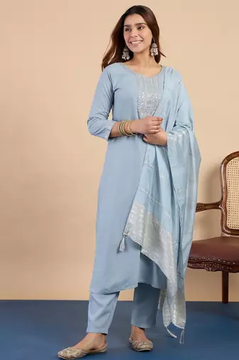 Grey color sophisticated cotton blend fabric embroidered fancy kurta set