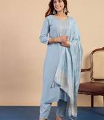 Grey color sophisticated cotton blend fabric embroidered fancy kurta set