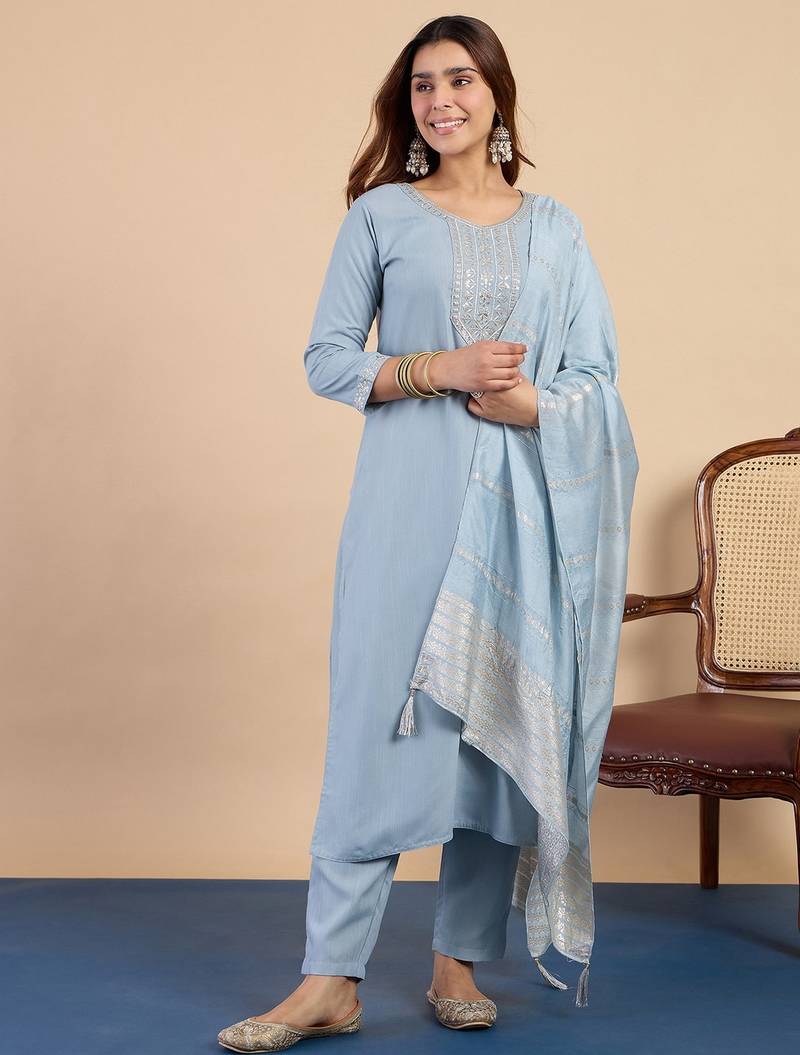 Grey color sophisticated cotton blend fabric embroidered fancy kurta set
