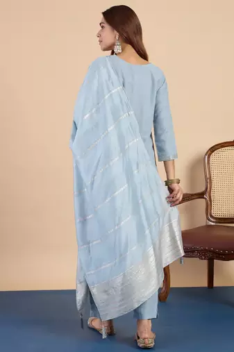 Grey color sophisticated cotton blend embroidered fancy kurta set