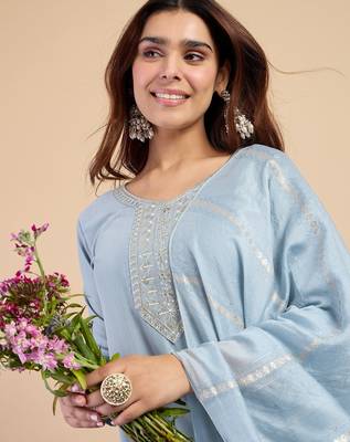 Grey color sophisticated cotton blend embroidered fancy kurta set 3