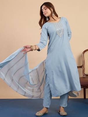 Grey color sophisticated cotton blend embroidered fancy kurta set 4
