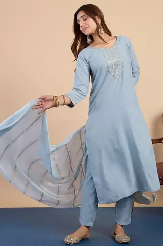 Grey color sophisticated cotton blend embroidered fancy kurta set