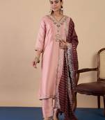 Peach color sophisticated silk blend fabric embroidered fancy kurta set