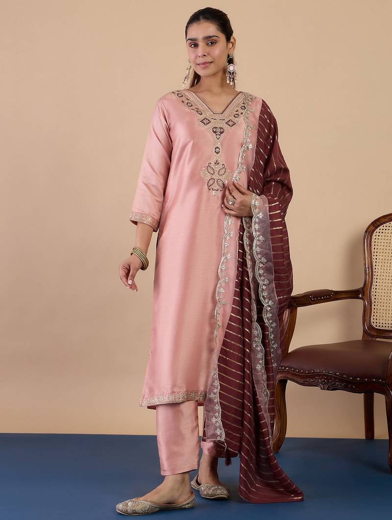 Peach color sophisticated silk blend fabric embroidered fancy kurta set