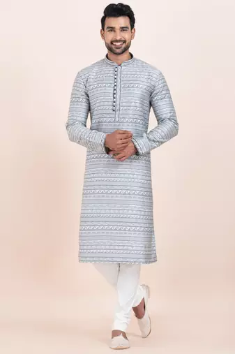Blue jacquard silk premium designer festive wear kurta pyjama set