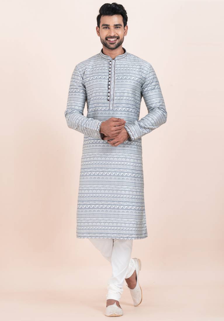 Blue jacquard silk premium designer festive wear kurta pyjama set