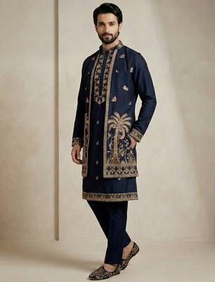 Navy blue doniyar shartin premium designer festive wear kurta pyjama with long jacket set 4