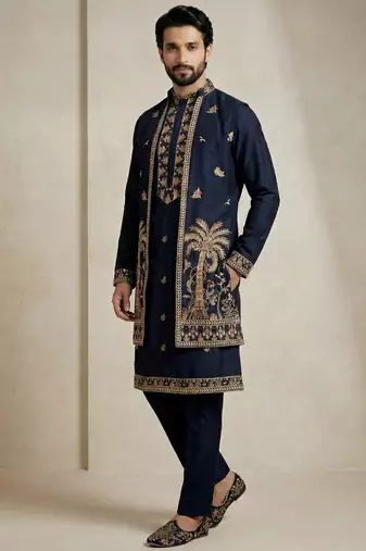 Navy blue doniyar shartin premium designer festive wear kurta pyjama with long jacket set