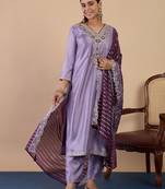 Lavender color sophisticated silk blend fabric embroidered fancy kurta set