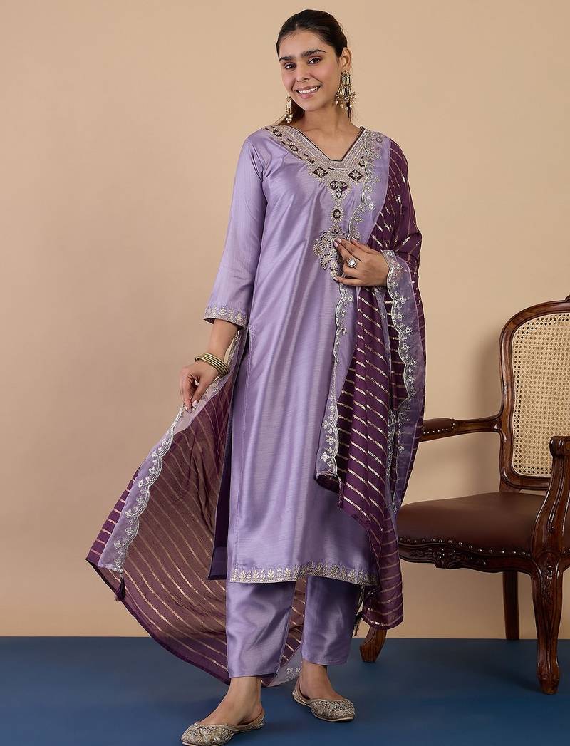 Lavender color sophisticated silk blend fabric embroidered fancy kurta set