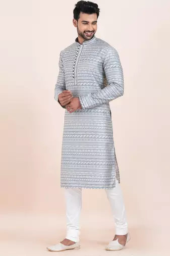 Blue jacquard silk premium designer festive wear kurta pyjama set