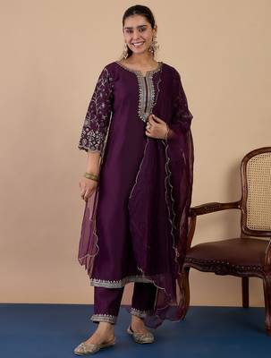 Wine color sophisticated silk blend embroidered fancy kurta set 1
