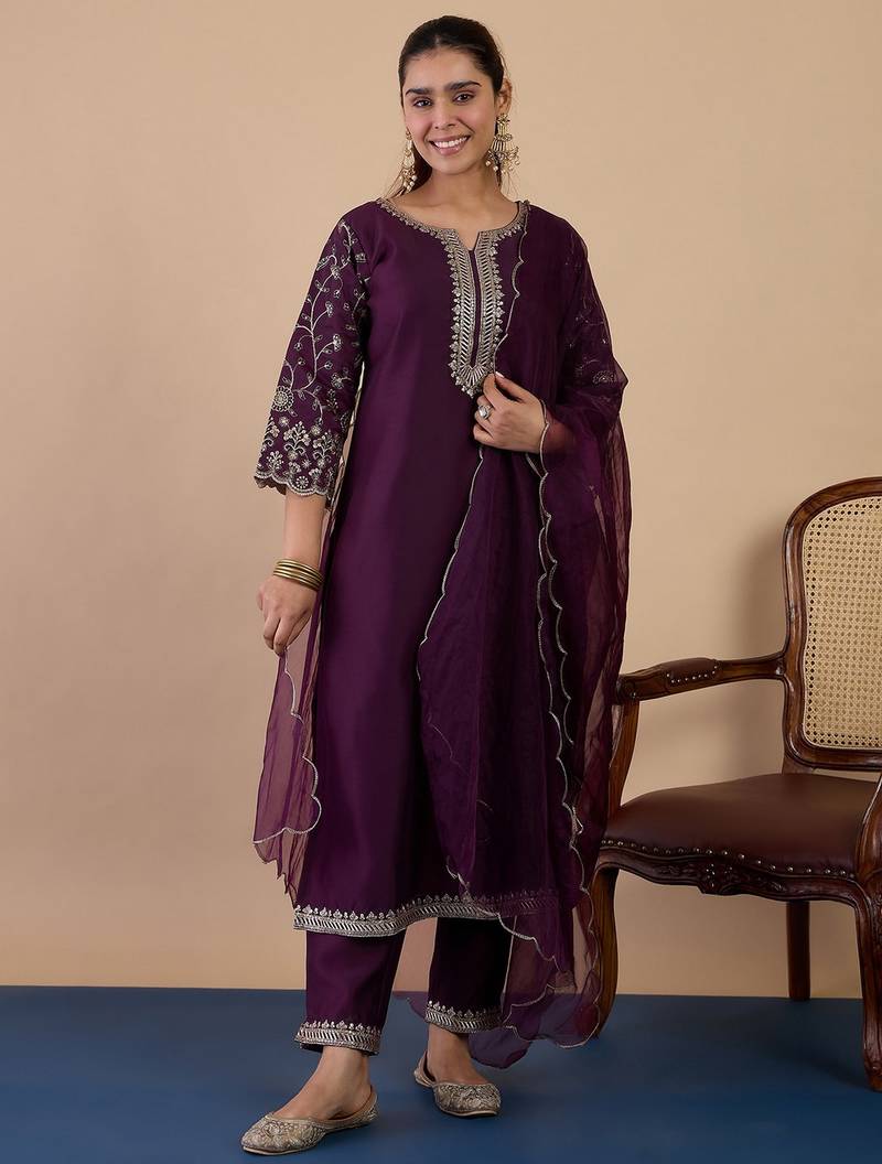 Wine color sophisticated silk blend fabric embroidered fancy kurta set