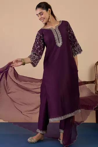 Wine color sophisticated silk blend embroidered fancy kurta set
