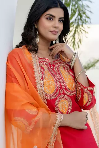 Pink color viscose rayon embroidery graceful kurta set for girls