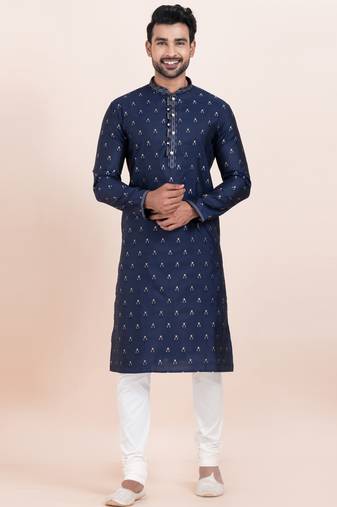 Navy blue cotton jacquard  premium designer festive wear kurta pyjama set