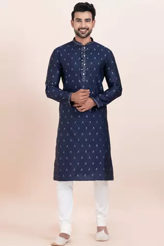 Navy blue cotton jacquard  premium designer festive wear kurta pyjama set