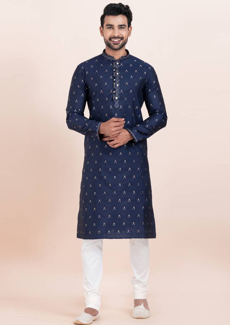 Navy blue cotton jacquard  premium designer festive wear kurta pyjama set
