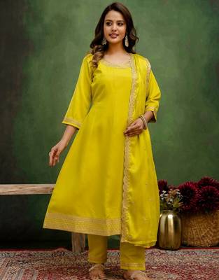 Lemon color viscose rayon embroidery graceful kurta set for girls 1