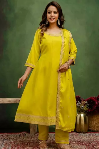 Lemon color viscose rayon  fabric designer embroidery work graceful designer kurta set for girls