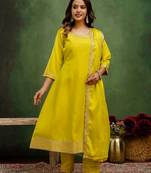 Lemon color viscose rayon   fabric designer embroidery work graceful designer kurta set for girls
