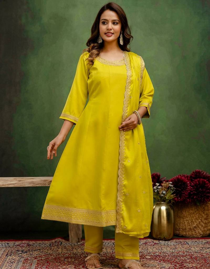 Lemon color viscose rayon  fabric designer embroidery work graceful designer kurta set for girls