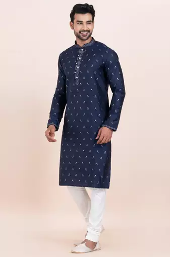 Navy blue cotton jacquard  premium designer festive wear kurta pyjama set