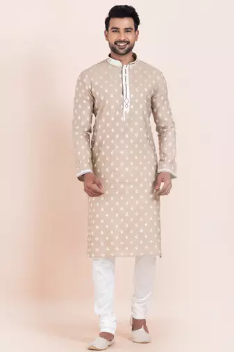 Brown cotton jacquard  premium designer festive wear kurta pyjama set