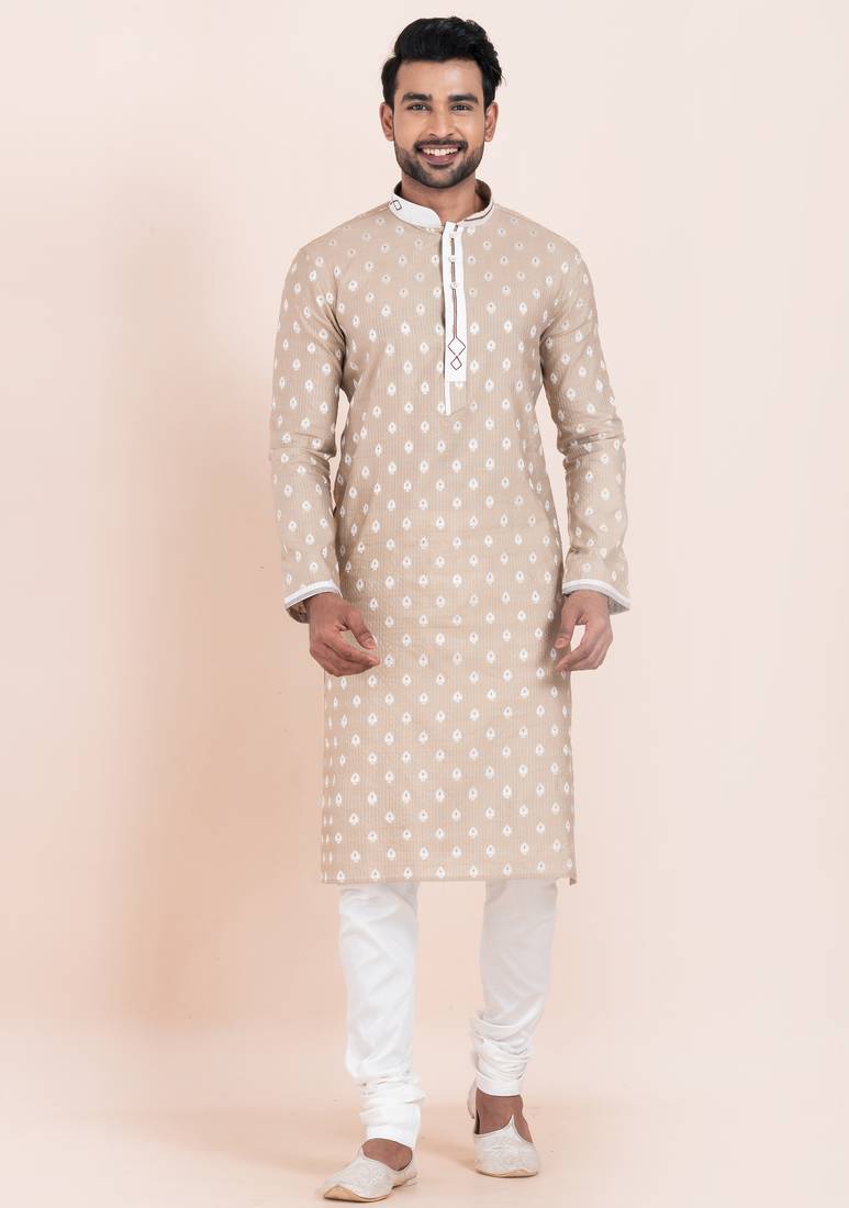 Brown cotton jacquard  premium designer festive wear kurta pyjama set