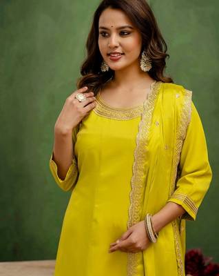 Lemon color viscose rayon embroidery graceful kurta set for girls 3