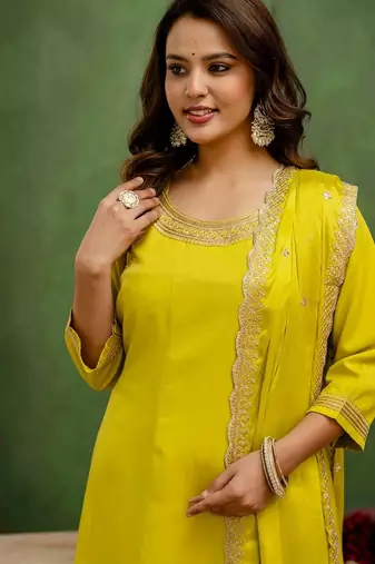 Lemon color viscose rayon embroidery graceful kurta set for girls
