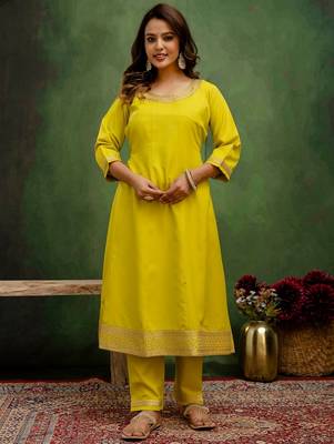 Lemon color viscose rayon embroidery graceful kurta set for girls 4