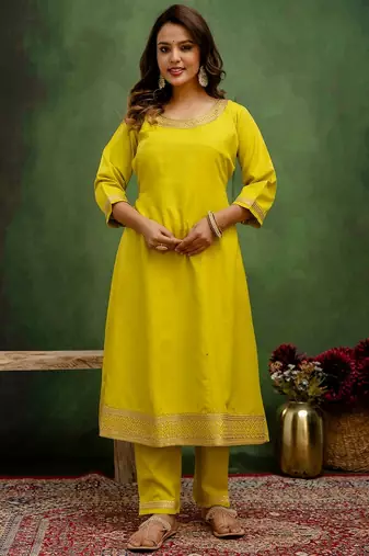 Lemon color viscose rayon embroidery graceful kurta set for girls