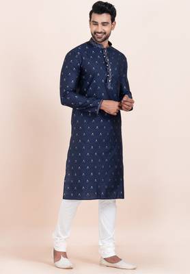 Navy blue cotton jacquard  premium designer festive wear kurta pyjama set 3
