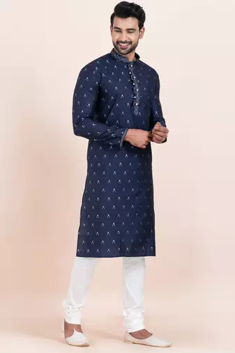 Navy blue cotton jacquard  premium designer festive wear kurta pyjama set