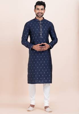 Navy blue cotton jacquard  premium designer festive wear kurta pyjama set 4